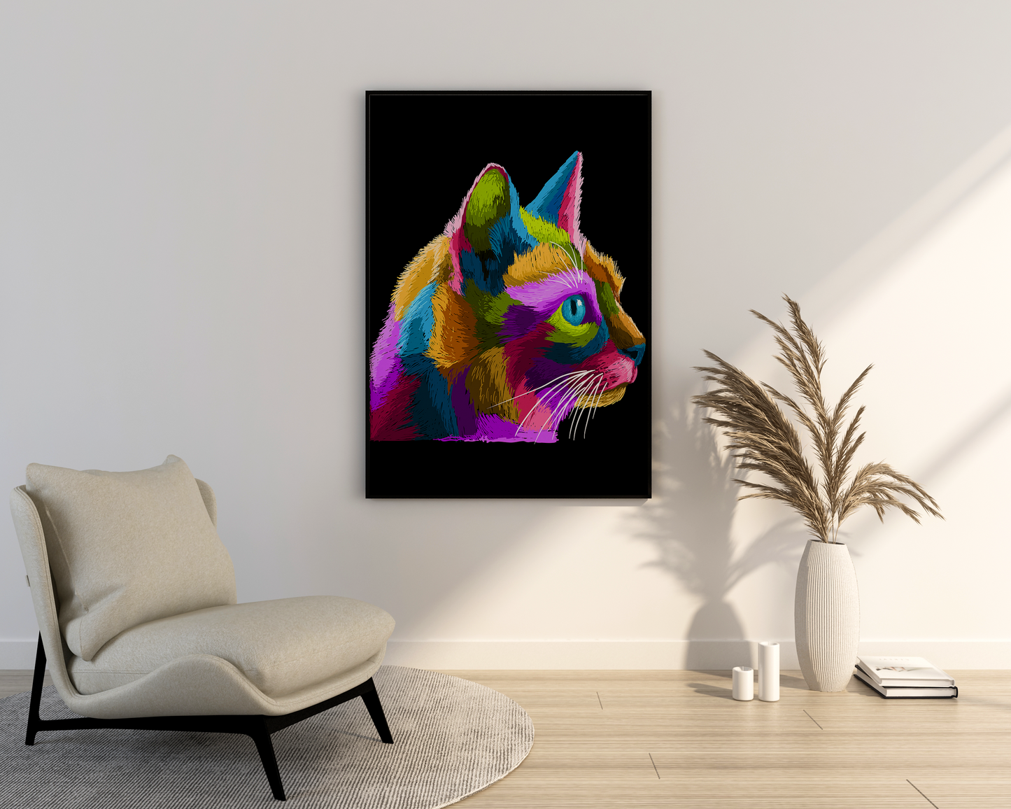 Colorful cat in black background