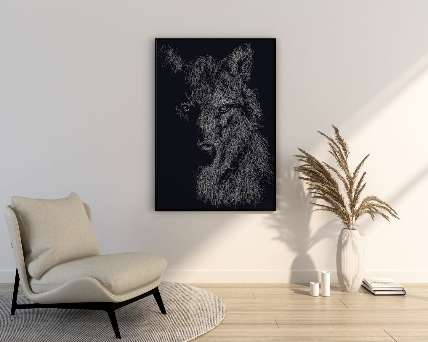 A black wolf and white line