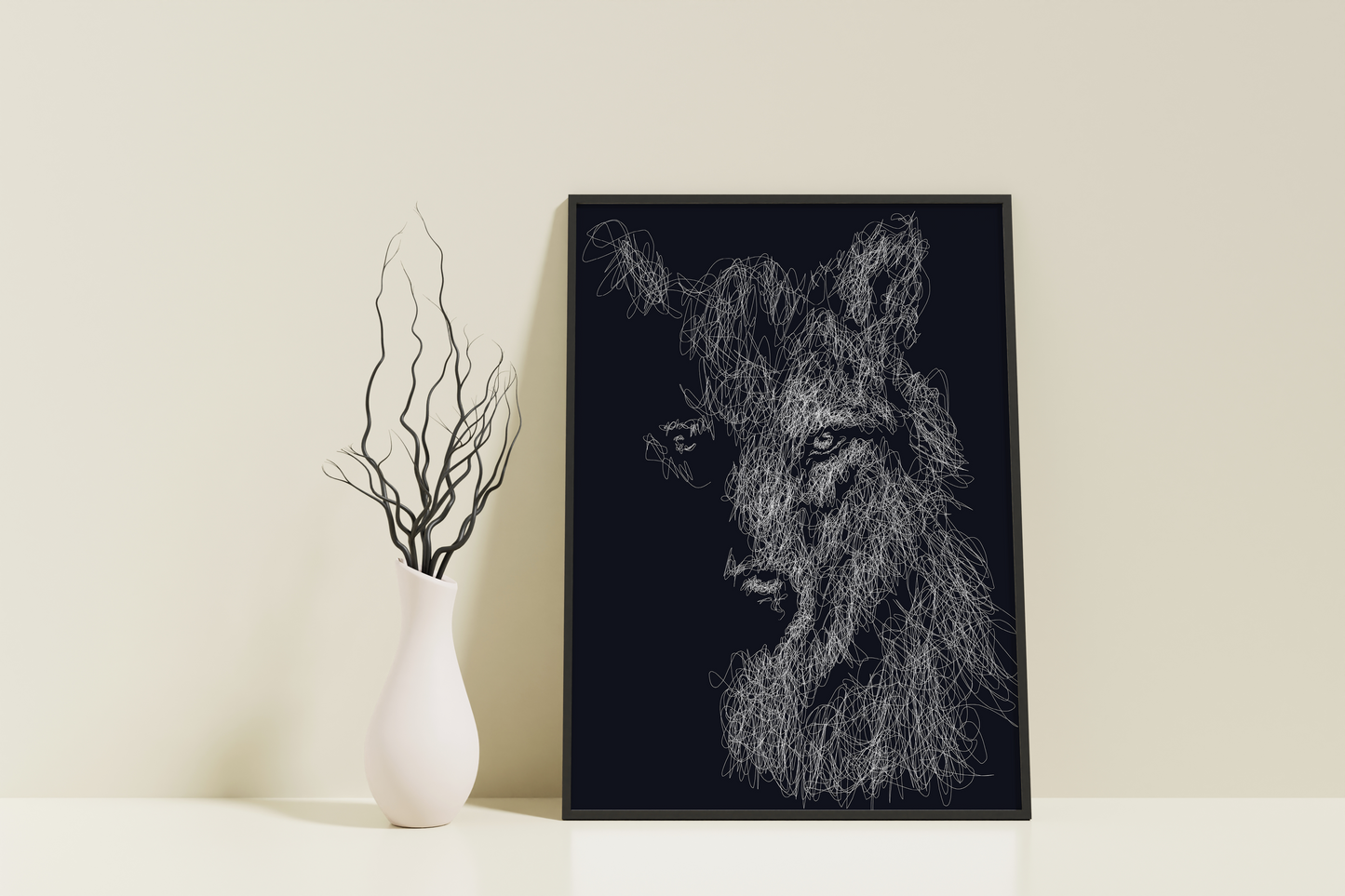 A black wolf and white line