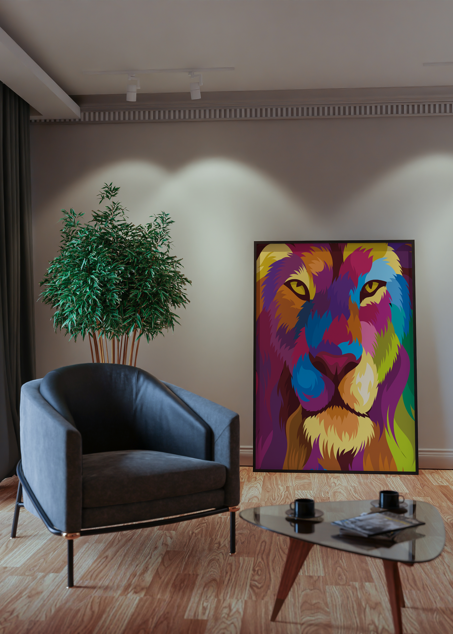 Colorful lion in black background