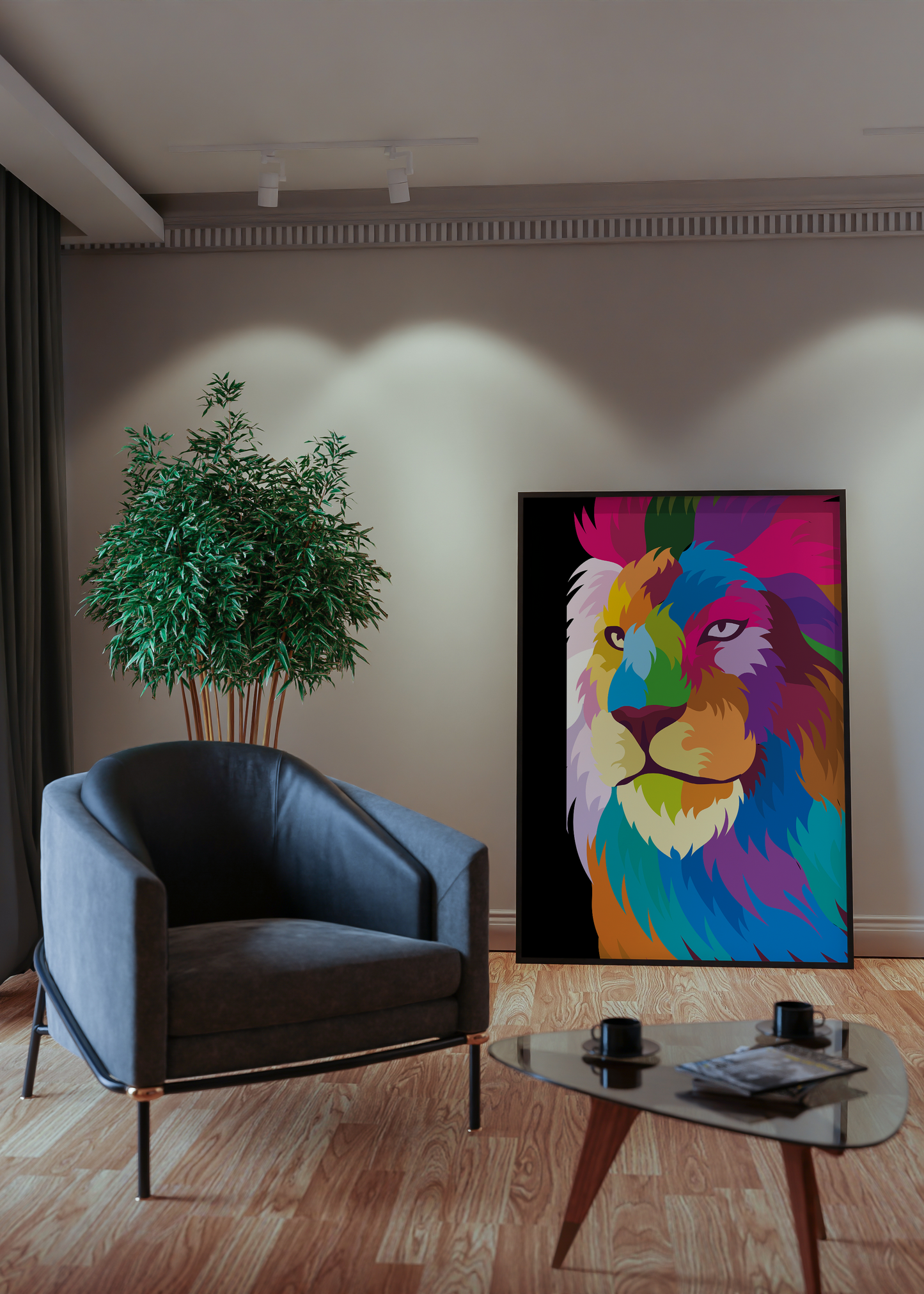 Colorful lion in black background